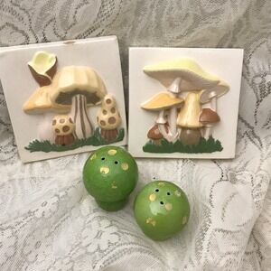 Vintage 1970s Mushroom Wall Tiles and Green Salt & Pepper Shakers